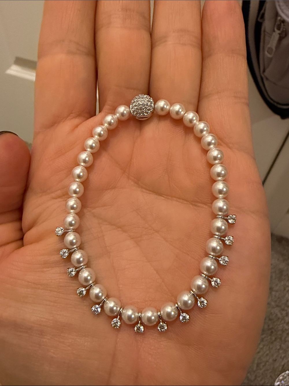 Swarovski White Pearl and Crystal Charm Stretch Bracelet